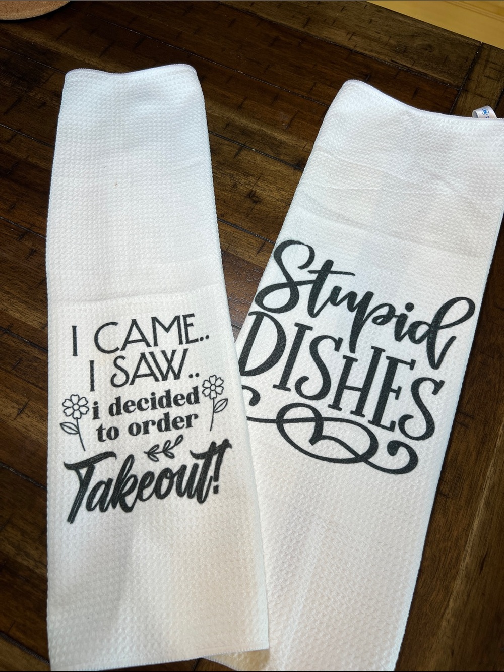 White Kitchen Towels with Black Script - Humorous Dish & Takeout Set